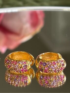 Rarities Carol Brodie Diamond Accented Gemstone Huggie Hoop Earrings Pink NWT